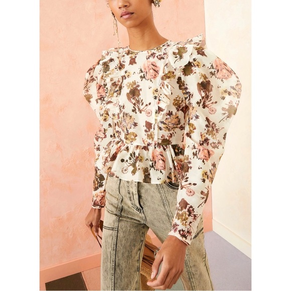 Ulla Johnson Silk-Blend Long Puff-Sleeve Floral Minnet Blouse - Picture 3 of 6